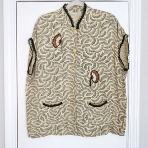 Vintage Beaded Art Deco Print Blouse Lace Trim Button-Up Top